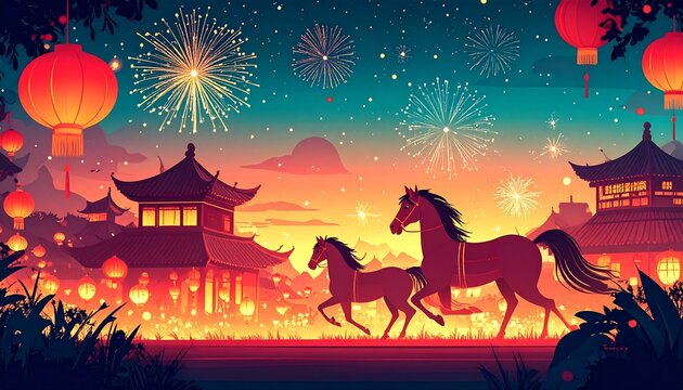 Flat vector illustration of horses running past ancient Asian buildings during a vibrant lunar new year celebration, glowing red lanterns, spectacular fireworks exploding in the teal night sky,