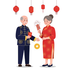A senior couple in traditional outfits celebrating with lanterns and firecrackers
