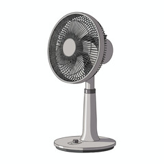 Gray stand fan with blades and protective cage, isolated on a white background