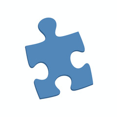 A blue puzzle piece, slightly tilted on a white background, with a subtle shadow