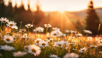 Daisies Glowing In Warm Sunlight During Golden Hour With A Blurred Forest Background Creating A Peaceful And Natural Atmosphere In A Meadow