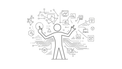 Fototapeta premium Stick figure person managing a complex network of data, security, and development technologies on an isolated white background.