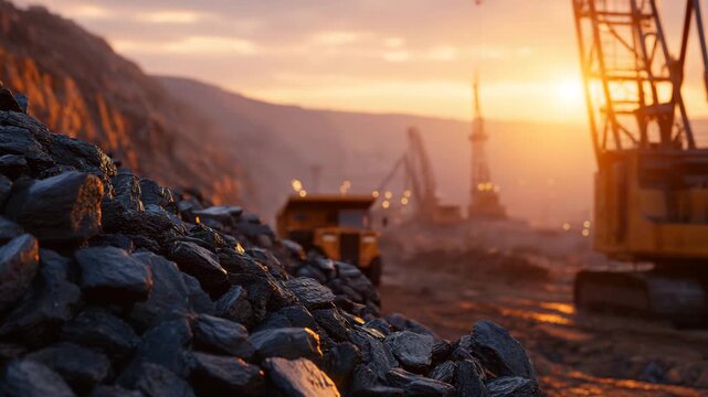 2Close-up of raw coking coal scattered across the ground, sharp textured edges catching warm sunlight, with massive mining trucks blurred in the distant haze