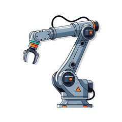 An industrial robot arm in gray with orange highlights and a claw