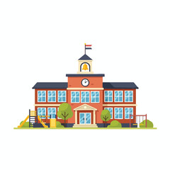 Cartoon school building with clock tower, playground, and trees in a flat illustration