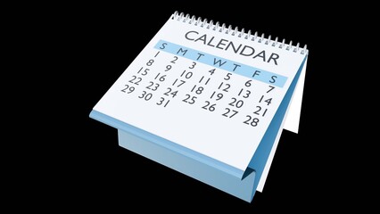 A 3D rendering of a desk calendar with a spiral-bound, flip-style calendar with a white page.