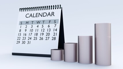 A 3D illustration of the themes of time and financial growth. The relationship between consistency (the calendar) and results (the growing stacks).