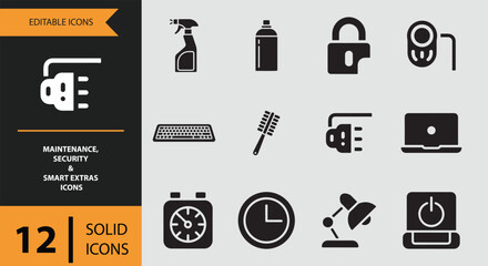 A collection of 12 solid editable icons for maintenance, security, and smart home extra devices