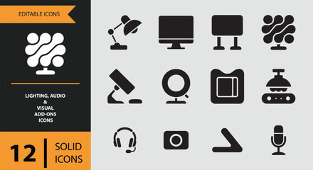 A diverse collection of lighting, audio, and visual add-on solid icons for creative projects