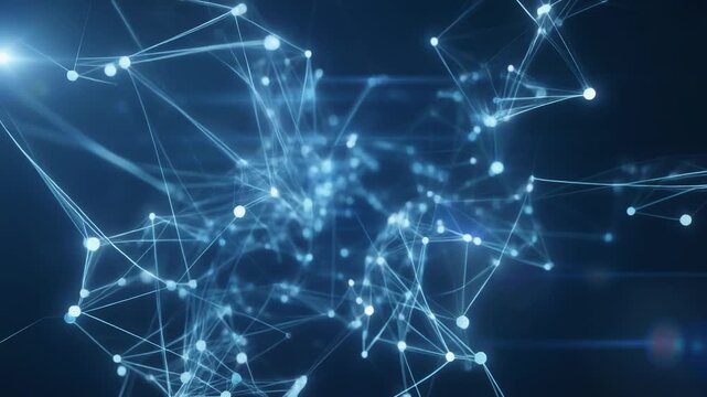 Abstract glowing network of nodes and connections on a dark background, perfect for technology and innovation themes.