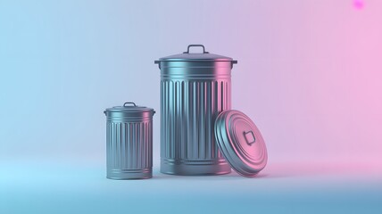 Metal trash cans in modern setting with vibrant lighting effects