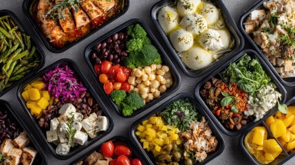 Medium shot showcasing a variety of colorful meal kits prepared for a hybrid nutrition program highlighting fresh ingredients and portion control.
