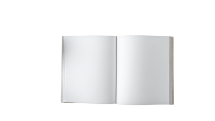 3D illustration of a blank white book cover and open magazine template on an empty paper document isolated on white for business office design