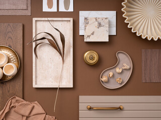 Elegant  flat lay composition in brown and beige color palette with textile and paint samples,...