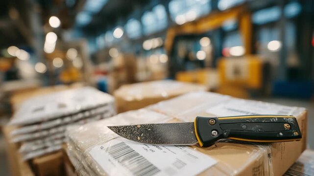 3Macro shot of a box cutter and packing tape in the foreground, folded mailers and filler visible in background, highlighting textures and materials of an organized packing station