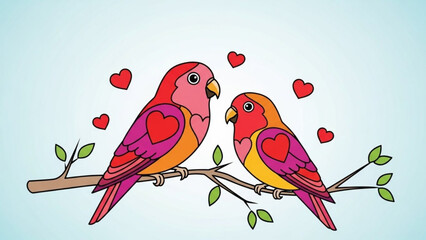 Two colorful love birds perched on a branch with hearts, symbolizing romance and affection in a whimsical illustration with romantic illustration