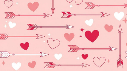 Valentine's day theme with pink background, red and white hearts, and arrows with hearts and stars, cute love concept with valentine s day and romantic