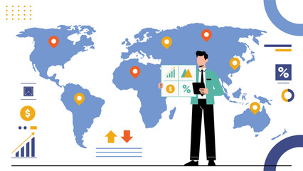 Global Economic Analysis Concept with Businessman Analyzing World Map Flat Design Illustration
