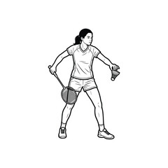 Female badminton player ready stance holding racket and shuttlecock competitive sportswoman line art vector illustration isolated on white background