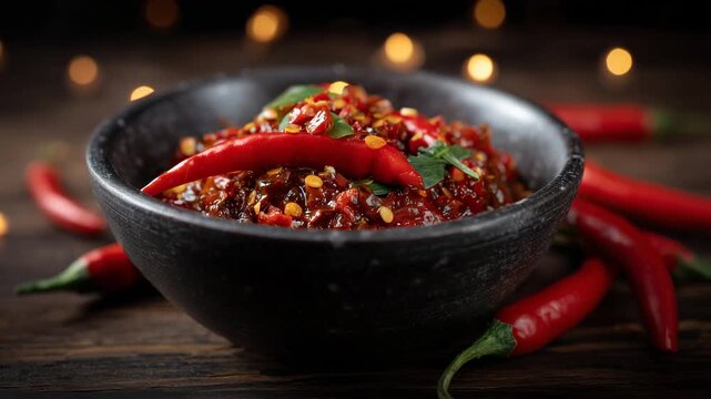 5Bowl filled to the brim with vivid crushed pepper flakes, glossy fresh chili peppers arranged around the rim, intense heat tones glowing in soft light