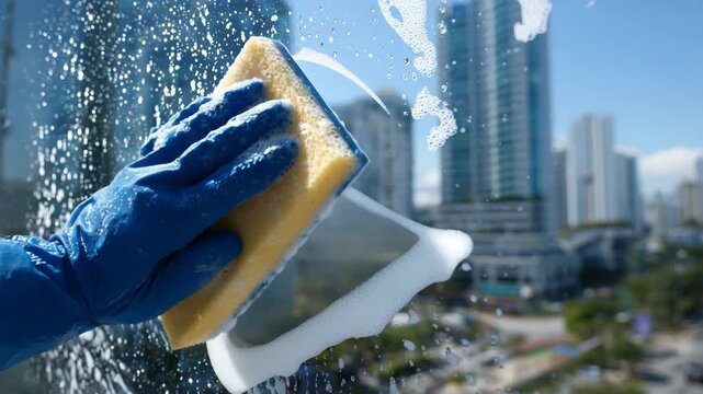 4Man cleaning corporate office window with a squeegee, gloved hand removing soapy foam to reveal a bright, minimalistic workspace behind the glass