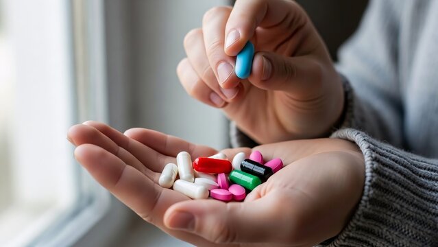 Person holding handful of colorful pills and one blue capsule ready to take