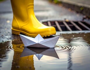 Papierboot in Wasserpf&uuml;tze vor gelbem Gummistiefel
