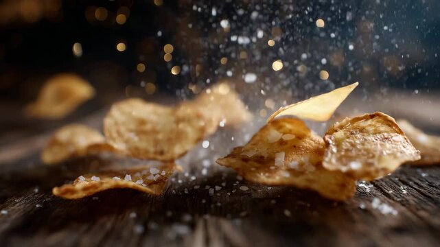 8A cascade of crunchy potato chips floats in slow motion, each chip glistening with fine salt crystals, suspended above a rustic wooden table with soft cinematic backlighting, hyper