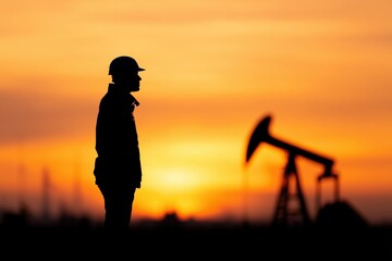 silhouette of worker at oil pump during sunset