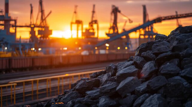 10Richly textured coking coal seen in vivid foreground detail, warm rays glancing off jagged edges, industrial conveyors and trucks fading into soft blur behind