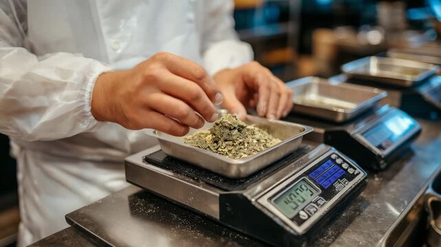 10Person in clean gown adds coriander and garlic powder into stainless steel measuring cups on digital scales, preparing precise portions for sausage production