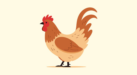 Charming illustration of a brown and beige hen standing calmly on a light yellow background for farm or animal themes.