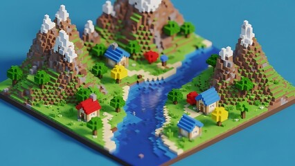 Isometric voxel art landscape with mountains, river, trees, and small village houses.