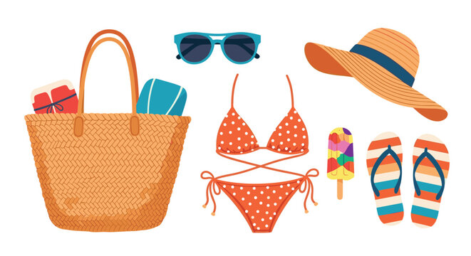 Variety of beach vacation essentials including a straw tote bag, sunglasses, bikini, sun hat, flip-flops, and an ice cream.