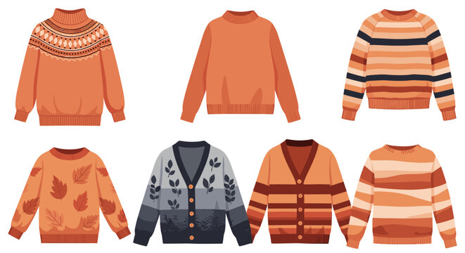 Collection of cozy autumn sweaters including turtlenecks, cardigans, and pullovers with various patterns and fall colors.