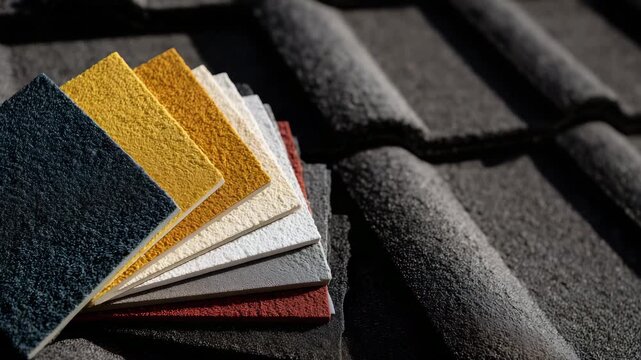 11Brightly lit rooftop scene with several shingle color samples fanned out on dark roof tiles, highlighting contrast and selection possibilities for home improvement