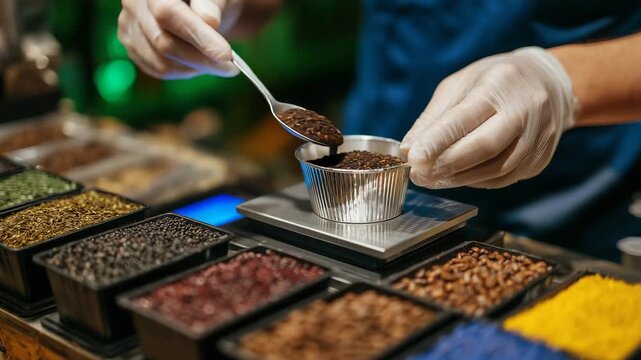 11Close-up of hands in protective gloves adding black pepper into a small aluminum cup on a scale, with rows of spice containers blurred in the background