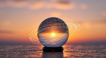 Captivating Crystal Ball Reflecting a Brilliant Sunset, Symbolizing Future Predictions, Technological Foresight, and Business Strategy Amidst Digital Innovation