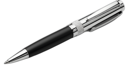 Elegant professional ballpoint pen featuring a textured grip section and polished chrome accents resting against a solid black background on transparent background
