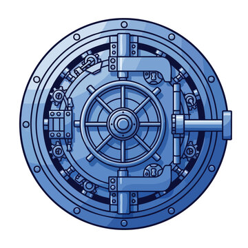 A blue, cartoon-style bank vault door with a central wheel and mechanical parts