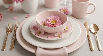 Elegant pink table setting with floral accents and golden cutlery