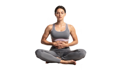 Person on yoga mat practicing slow diaphragmatic breathing with hands on abdomen focusing on deep inhales for calming and reducing breath rate isolated on white background.