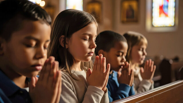 A diverse group of children praying inside a church conveying faith, unity and peace. Selective focus.