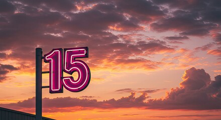 Vibrant pink neon number fifteen sign shining brightly against a magnificent, cloud-filled sunset sky, creating a captivating and atmospheric twilight scene, evoking a sense of evening beauty
