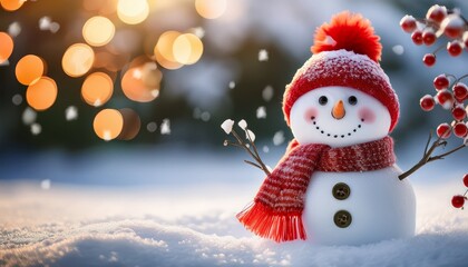 A Cute Snowman With A Red Hat Scarf And Buttons Stands In Snow With Berry Branches And Bokeh Lights In Background