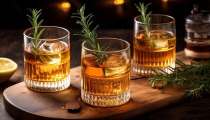 Rustic Whiskey Cocktails With Honey And Rosemary On Wooden Board