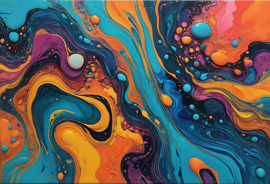Colorful abstract fluid with swirling patterns and bubbles fluid colorful paint - Powered by Adobe