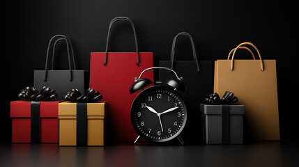 Black Friday sales concept top view of black alarm clock gift boxes ribbons and paper bags