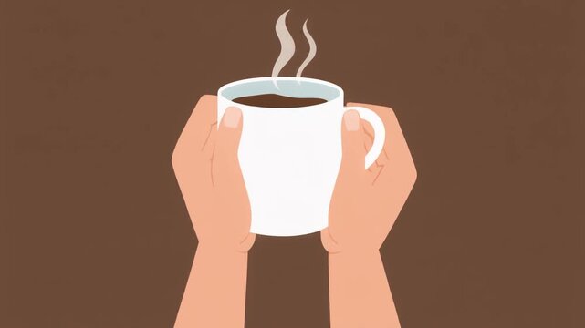 Flat design illustration depicting two human hands gently holding a white ceramic mug containing a warm dark beverage like coffee or tea providing comfort and coziness during a break