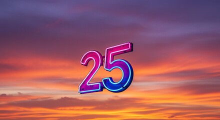 Vibrant neon '25' glowing against a dramatic sunset sky, celebrating a significant milestone with artistic flair and colorful clouds